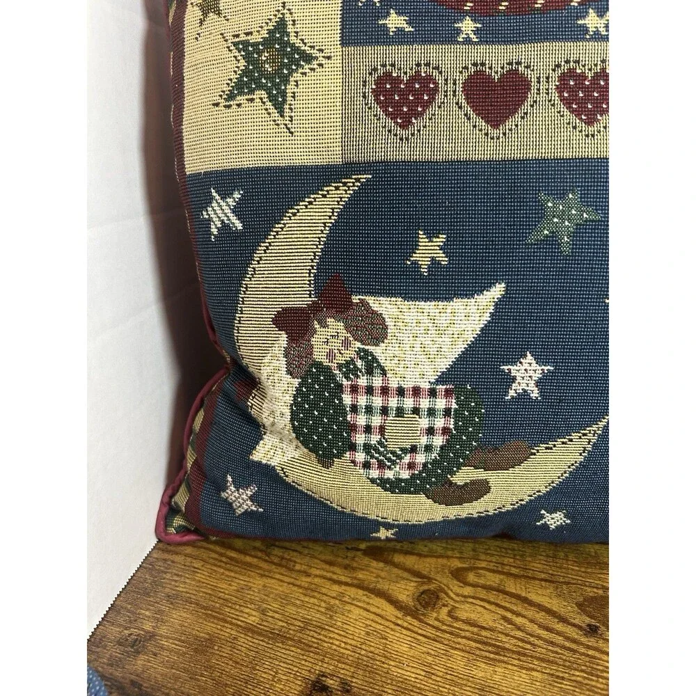 Vintage Christmas Tapestry Pillow Angels Moon Stars Folk Art Cottagecore Decor